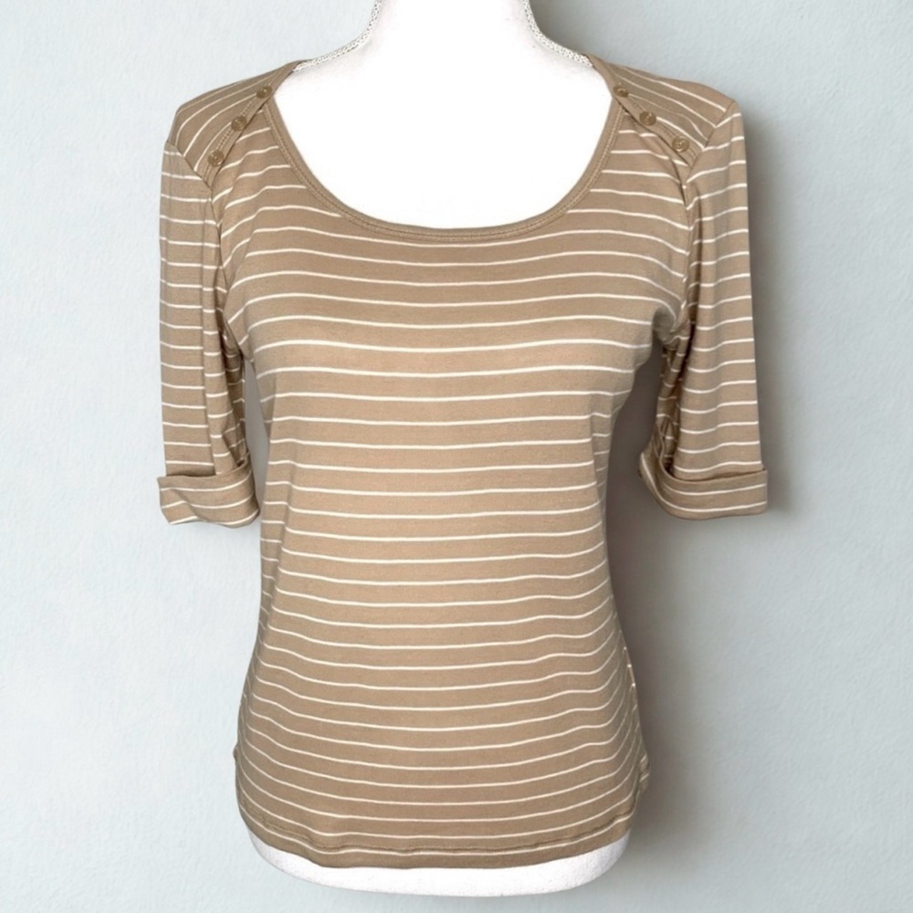 Jones New York Sport Tan and White Stripe Top Women Petite Small 100% Cotton